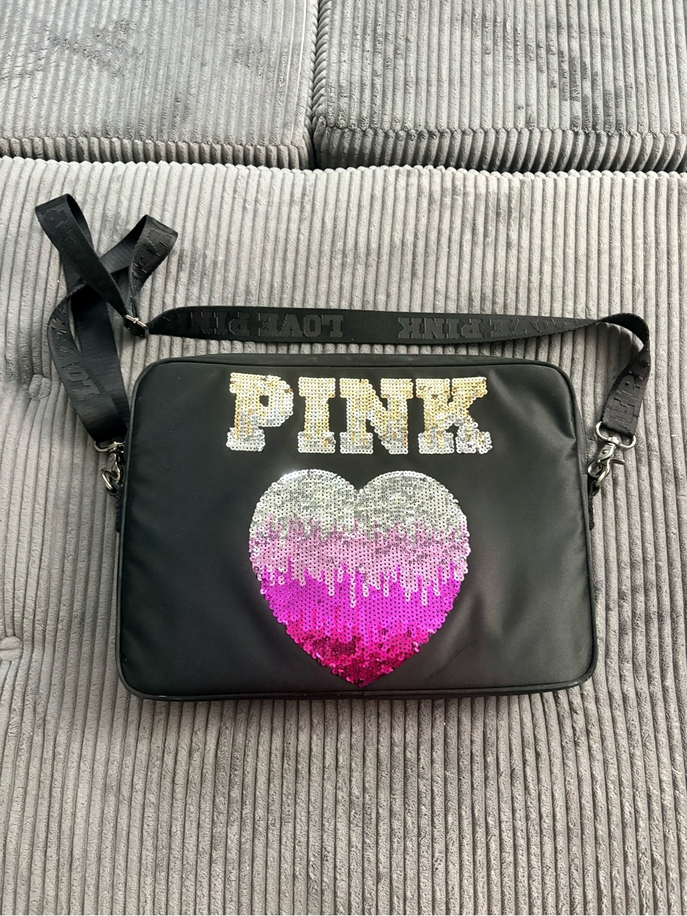 PINK Victoria's Secret Black Crossbody with Sequin Ombre Heart and Logo